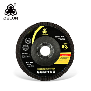 DELUN China Manufactures EN12413 standard 115mm Type 27 29 Sandpaper Aluminium Oxide abrasive flap wheel for Steel
