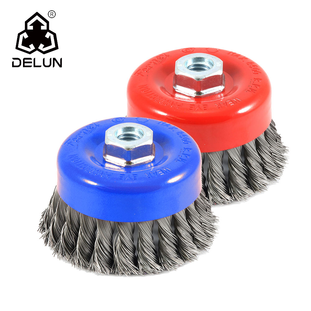 DELUN Wire Cup Brush, Knotted with 5/8-Inch-11 Threaded Arbor, 2-3/4-Inch-by-.020-Inch