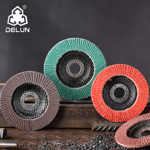DELUN China Supplier High Performance 100 mm 4 Inch 120 Grit Best Alumina Oxide T27 Flap Wheel for Steel