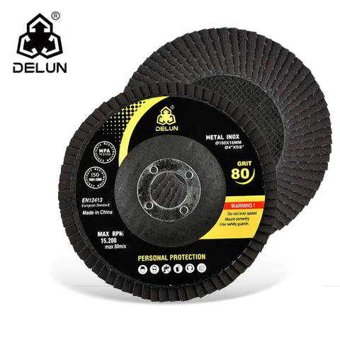 DELUN China Factory Ineternational Standard 100mm 40 Grit Metal Pollishing Alumina Oxide Angle Grinder Flap Wheel For Wood