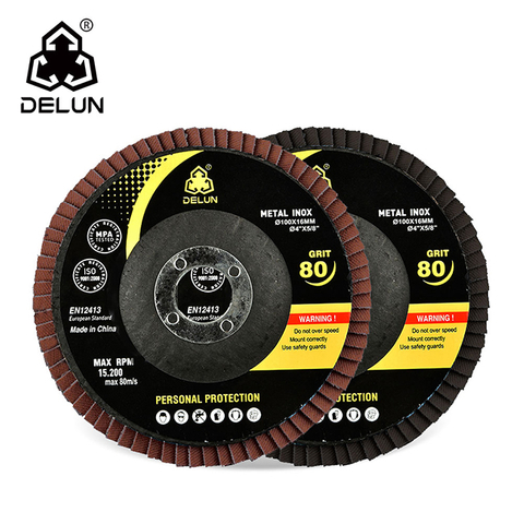 DELUN China Manufacturer Ineternational Standard 4 Inch 100 Grit Alumina Oxide Large Flap Wheel For Angle Grinder