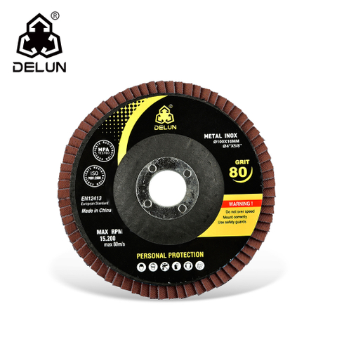 DELUN China Supplier High Performance 100 mm 4 Inch 120 Grit Best Alumina Oxide T27 Flap Wheel for Steel