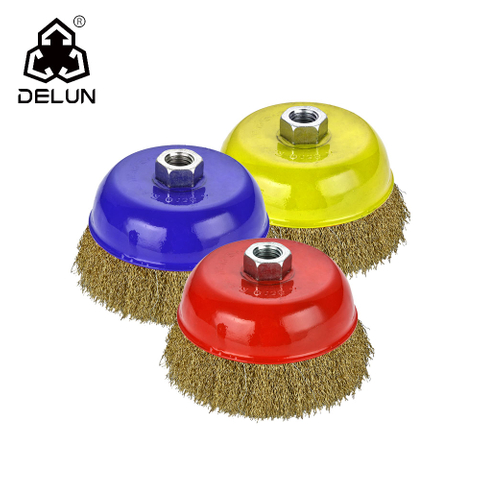 DELUN 2.5 inch Crimped Steel Metal Brass Wire Brush Cup Wheel China Factory USA Supplier