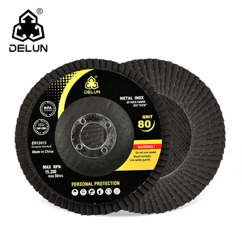 DELUN China Manufactures EN12413 standard 115mm Type 27 29 Sandpaper Aluminium Oxide abrasive flap wheel for Steel